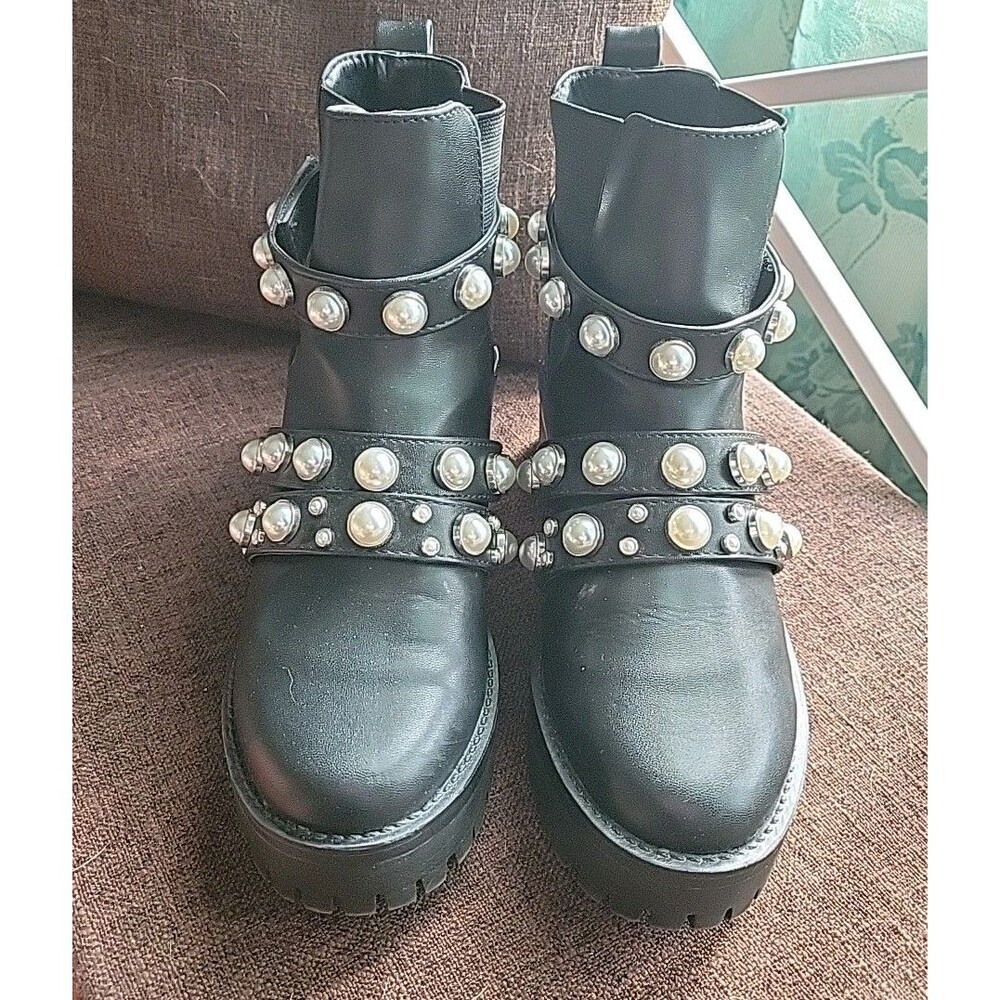 Junior Teen Girls Black Ankle Boots Chunky Heels Size 7 Adjustable Straps